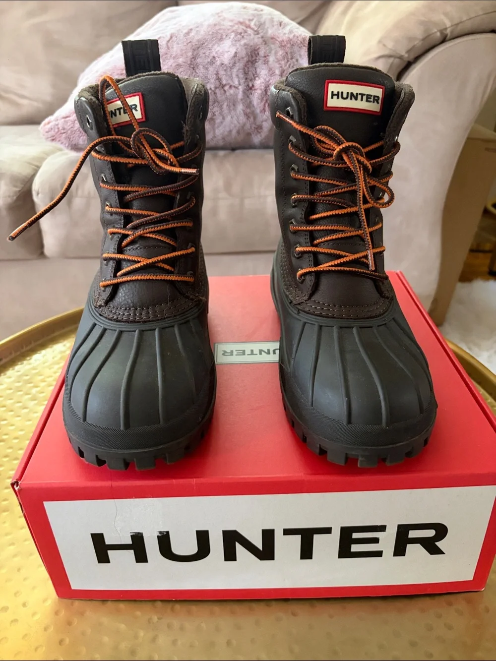 Hunter Dark Brown Waterproof Duck Boots with Orange Laces